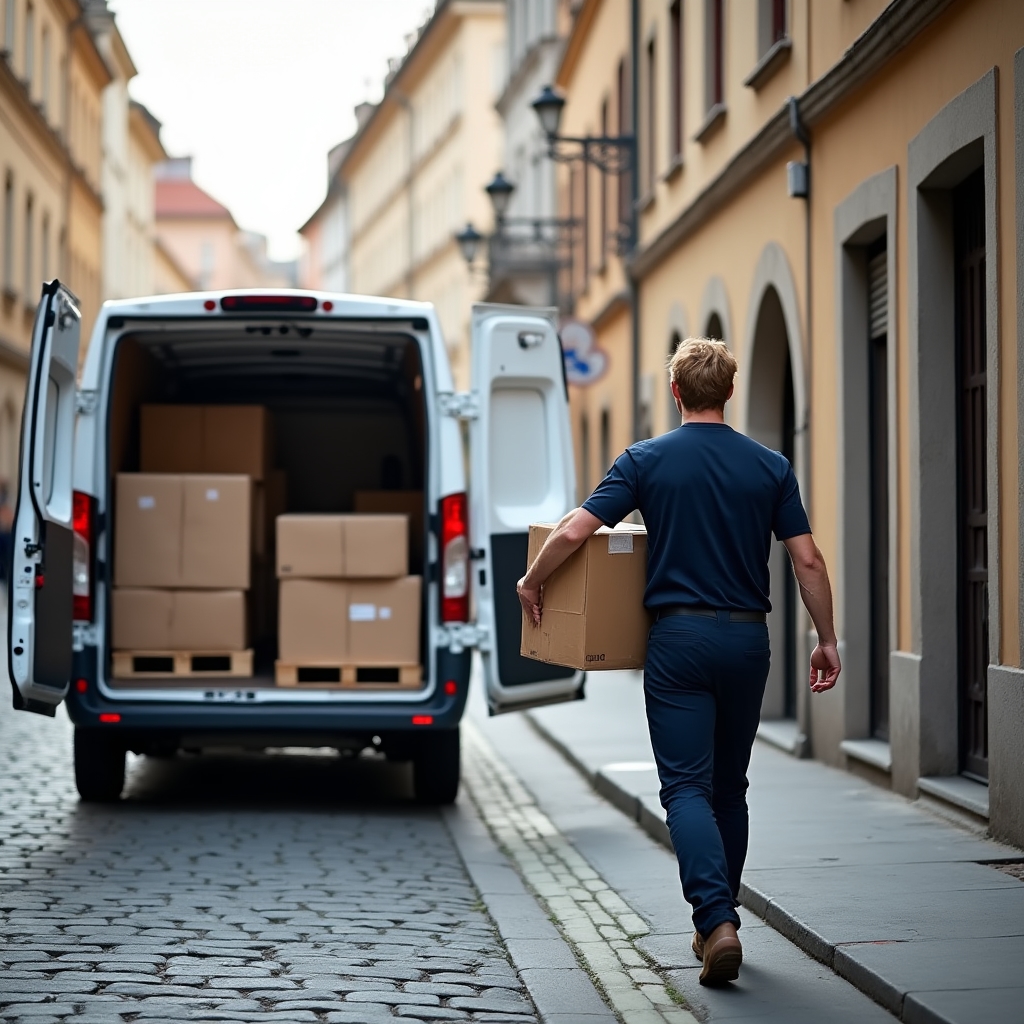 Dodávkový vůz při doručování zboží v českém městě